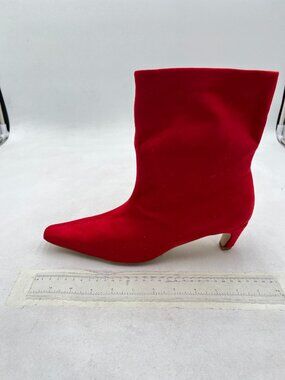 Red Women Square Toe Comfort Kitten Heel Ankle Boots Pull On Booties Dressy Shoe